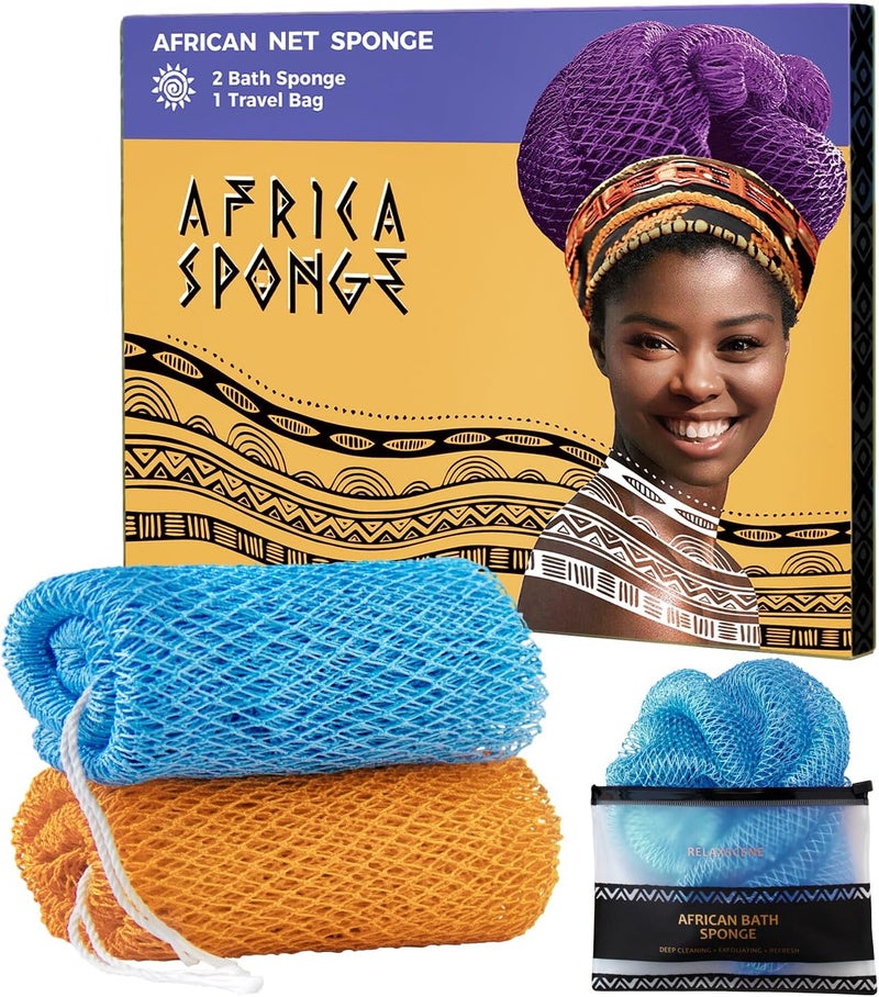 RelaxScene African Net Sponge Authentic - 2 Pieces Exfoliating Body Scrubber Bath Sponge Babyblue&Orange - Back Scrubber Washcloth for Shower - Real African Scrub Exfoliator Body Care Bathing Accessories - Image 1